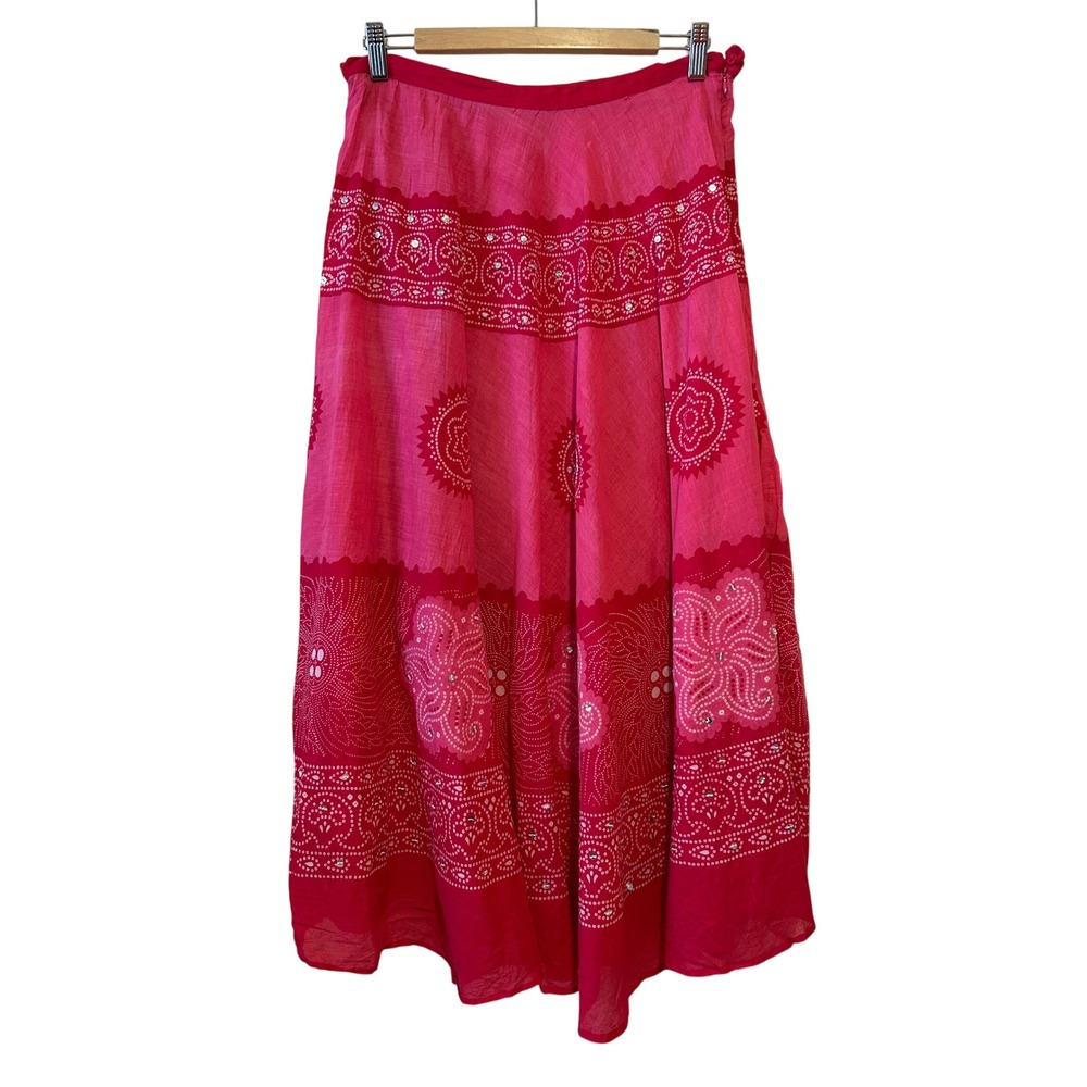 Overdrive Maxi Skirt Size M/L Pink Red Bandhani Print Mirrored Sequin Boho Gauze
